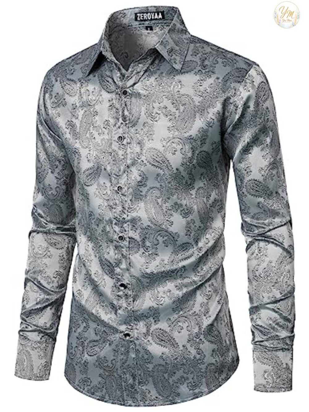 Men's Satin Paisley Jacquard Button Up Dress Shirt Long Sleeve Slim Fit